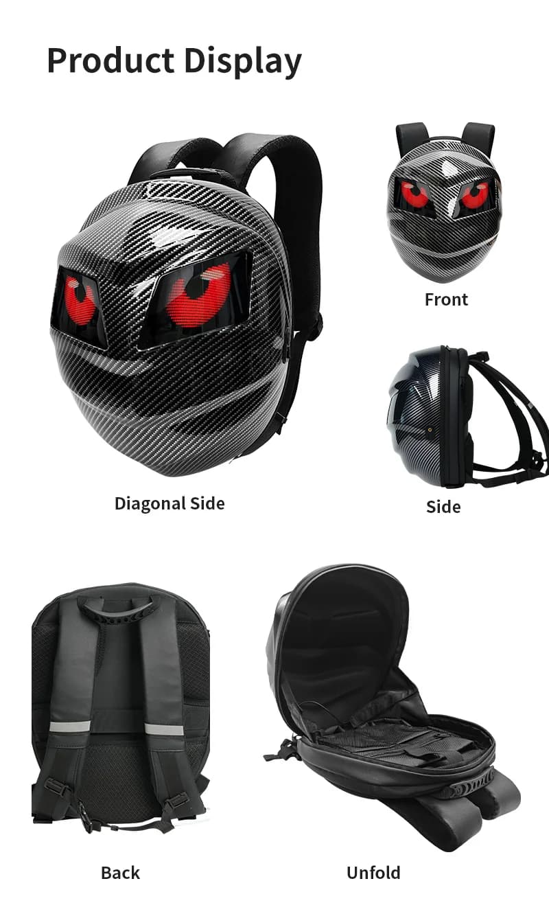 LOY Black Knight backpack, supplier views of the front, side, back and open compartment
